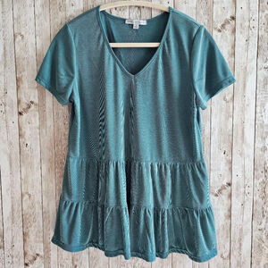 Women's Green Envelope Teal Tiered Ruffle Short Sleeve Tunic Top - Small